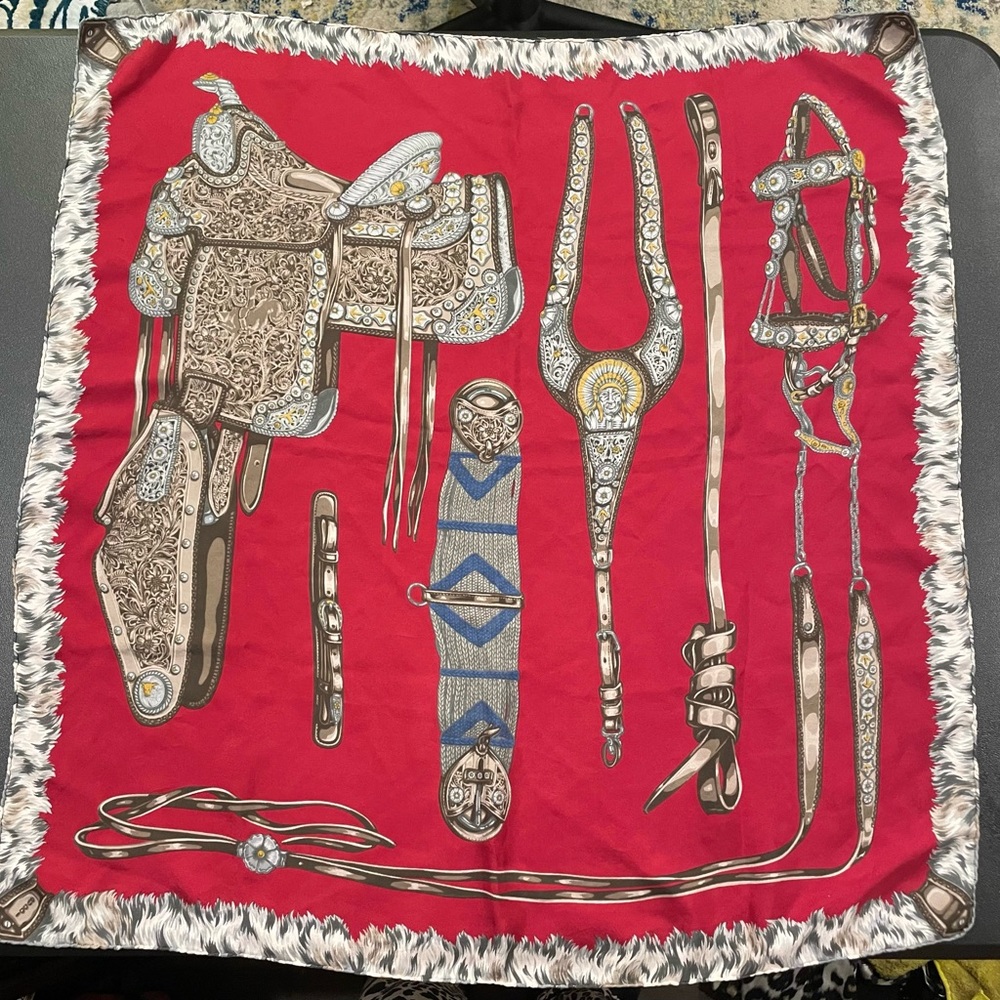 RARE Vintage Silk Hand Made Gucci Scarf Equestrian Horse Saddle Theme Used